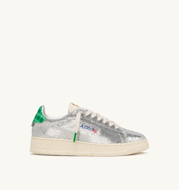 DALLAS LOW ‘SPARKLING’ SNEAKERS IN SILVER AND GREEN SEQUINS