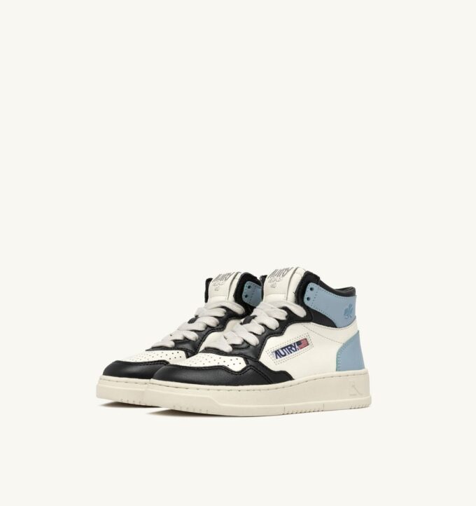 MEDALIST KIDS MID SNEAKERS IN WHITE BLACK AND BLUE LEATHER