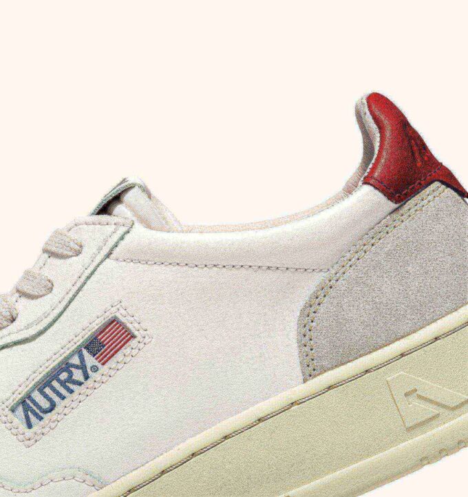MEDALIST LOW SNEAKERS IN WHITE AND RED LEATHER AND BEIGE SUEDE
