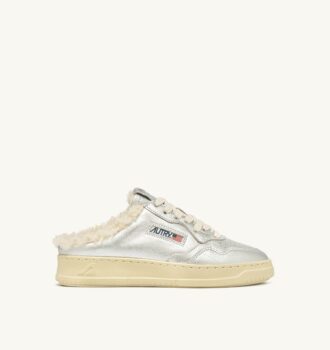 MEDALIST MULE SNEAKERS IN SILVER-TONE LEATHER AND SHEARLING