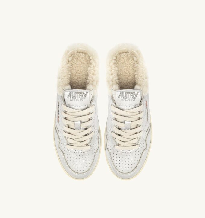 MEDALIST MULE SNEAKERS IN SILVER-TONE LEATHER AND SHEARLING