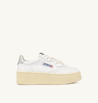 MEDALIST PLATFORM SNEAKERS IN WHITE AND METALIZED SILVER LEATHER