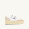 MEDALIST PLATFORM SNEAKERS IN WHITE AND PLATINUM SUEDE AND LEATHER