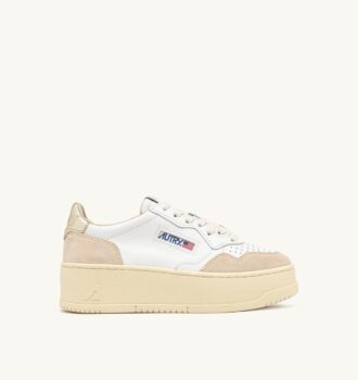 MEDALIST PLATFORM SNEAKERS IN WHITE AND PLATINUM SUEDE AND LEATHER