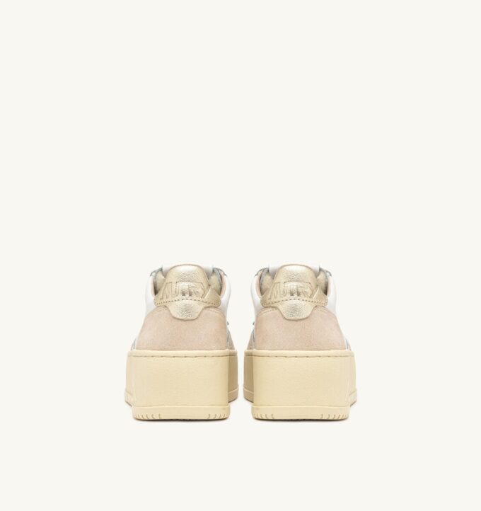 MEDALIST PLATFORM SNEAKERS IN WHITE AND PLATINUM SUEDE AND LEATHER