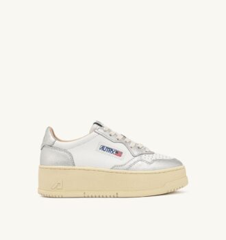 MEDALIST PLATFORM SNEAKERS IN WHITE AND SILVER LEATHER