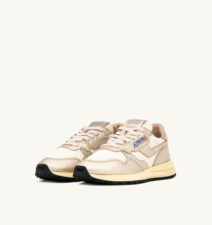 REELWIND LOW SNEAKERS IN WHITE NYLON AND GOLD TONE METALIZED LEATHER