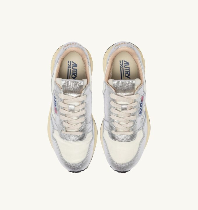 REELWIND LOW SNEAKERS IN WHITE NYLON AND SILVER TONE METALIZED LEATHER
