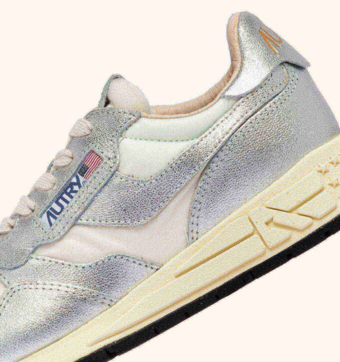 REELWIND LOW SNEAKERS IN WHITE NYLON AND SILVER TONE METALIZED LEATHER